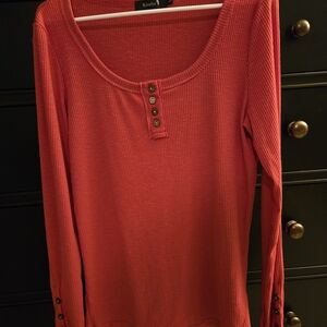 Kiss Coral Button-Accent Long Sleeve Tee